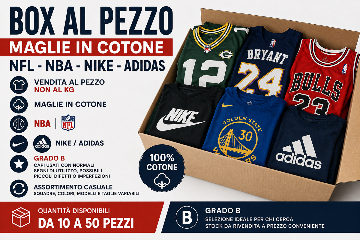 Box al pezzo – Maglie in cotone NFL, NBA, Nike e Adidas | Grado B